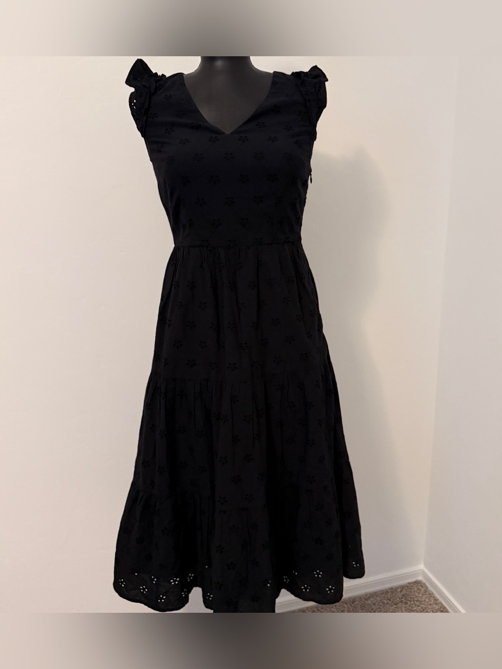 J. Crew Black Eyelet Tiered Midi Dress with Ruffle Sleeves Size 0